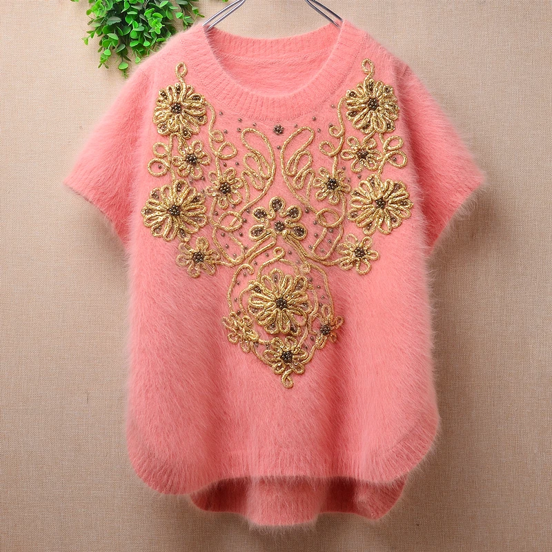 

Female Women Fall Winter Embroidery Beaded Hairy Mink Cashmere Knitted Short Batwing Sleeves O-Neck Split Loose Pullover Sweater