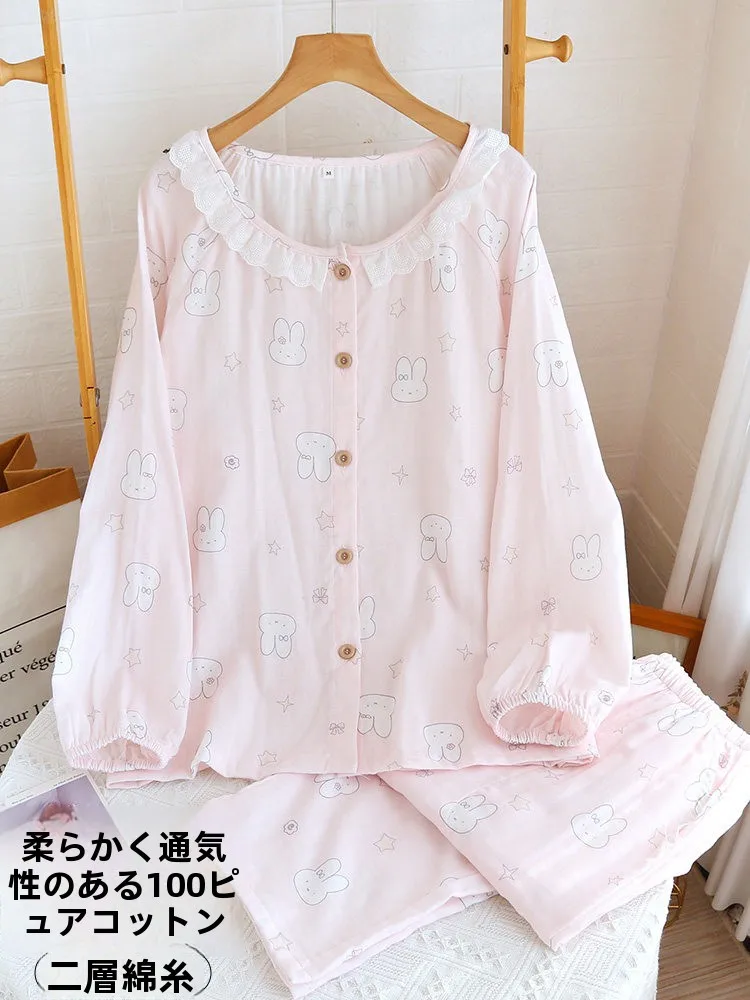 vetements-d'interieur-100-coton-pour-femme-collection-printemps-automne-en-gaze-de-coton-pur-avec-col-en-dentelle-et-motif-lapin-de-dessin-anime-rose