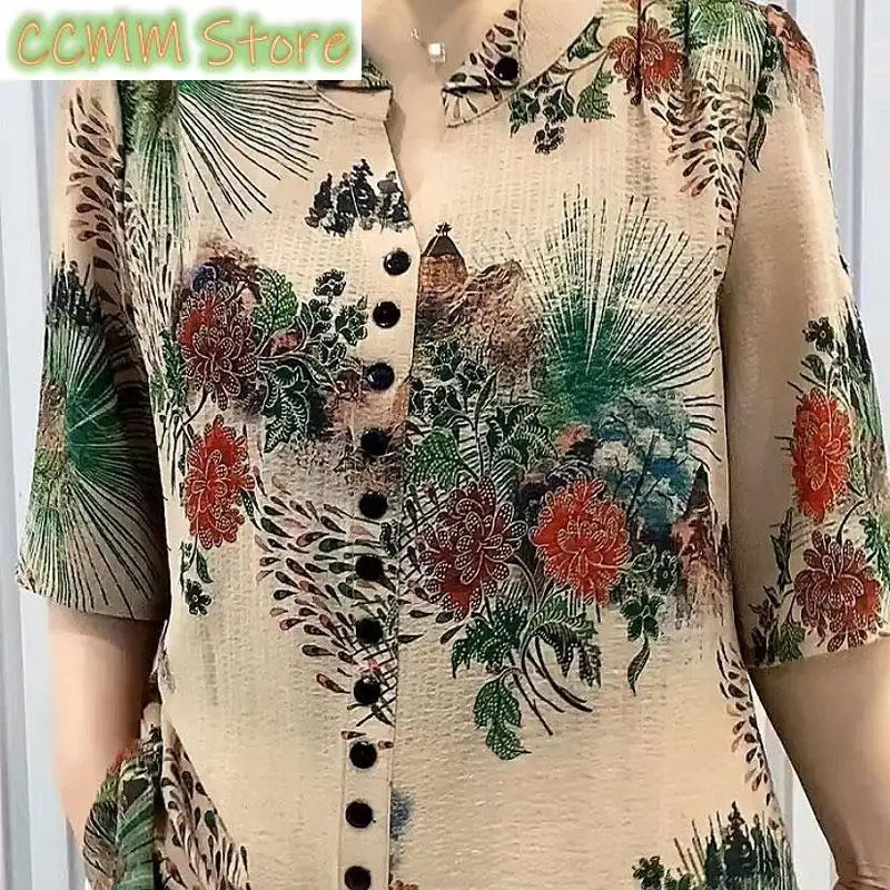 

Summer New Vintage Broken Flowers Blouse Commute Single-breasted Female Clothing Folk Casual Round Neck Half Sleeve Shirt