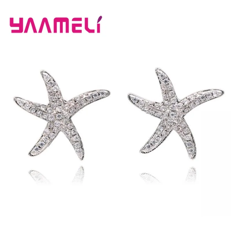 

Luxury Full Rhinestone Shining Earrings for Girls Women Popular Starfish Sterling Silver 925 Ear Brincos Pendientes