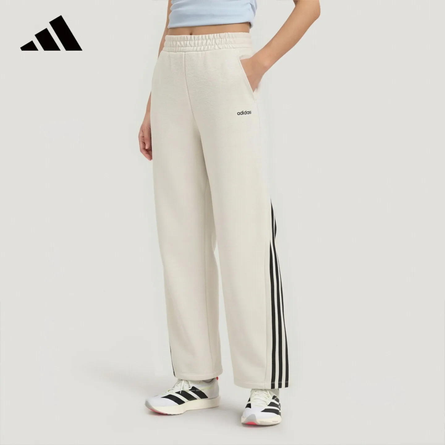 adidas Womens Cotton Terry Wide Leg Pants Loose Comfort Versatile Sports Trousers For Outdoor Hiking Fitness LD1390