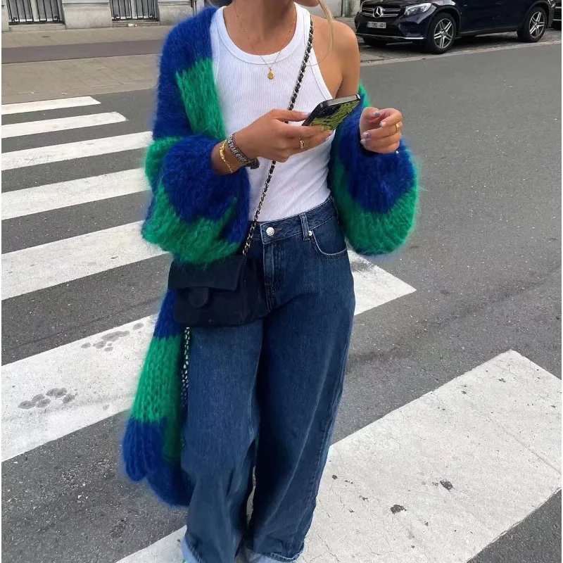 

Women Knit Long Cardigan Sweaters Full Sleeved Spliced Casual Jumpers Sriped V Neck Thick Warm Sweater Autumn Winter 2024