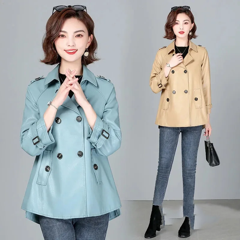 2024 Women Large Size 4XL PU Leather Outwear Spring Autumn Ladies Faux Leather Jacket Korean Female Long Sleeves Leather Coat