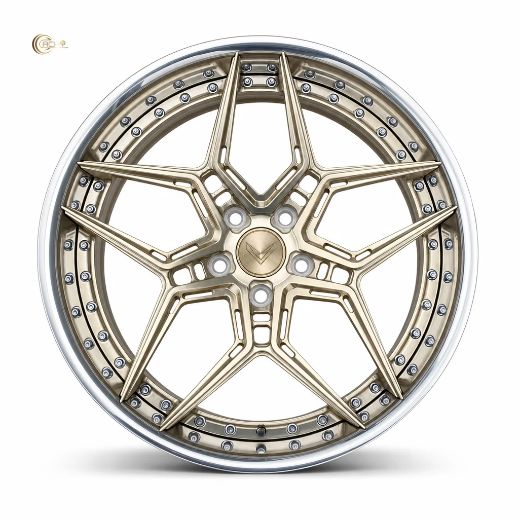 Custom 2 Piece Forged Wheels 5 Spoke Star Design Brushed Bronze Gold Polished Lip Alloy Rims for