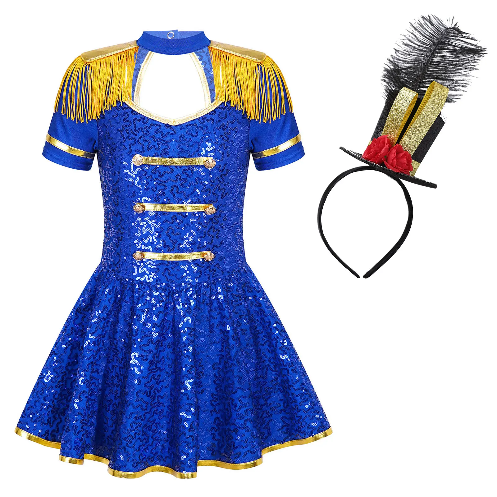 Vestidos de cosplay de circo con lentejuelas brillantes para niñas, charreteras doradas con borlas, disfraz de actuación de escenario para fiesta de Halloween