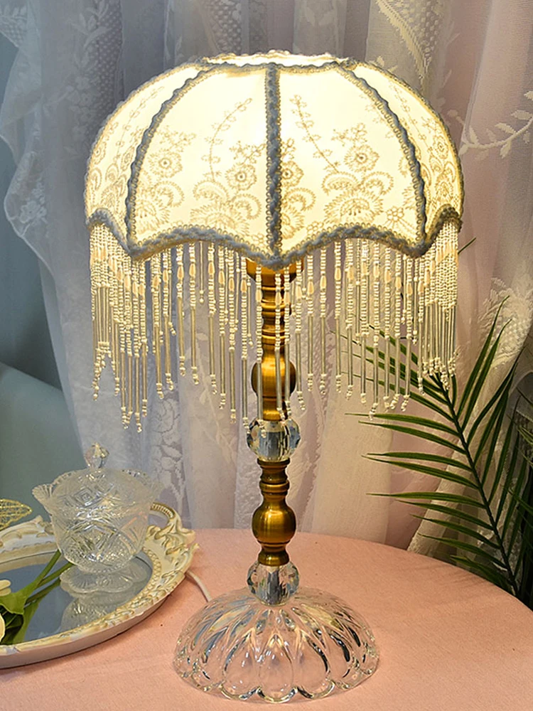 

Vintage Green Table Lamp for Bedroom Earopean Tassel Crystal Desk Lamps Bedside Living Room Light Fixtures Nightstand Home Decor