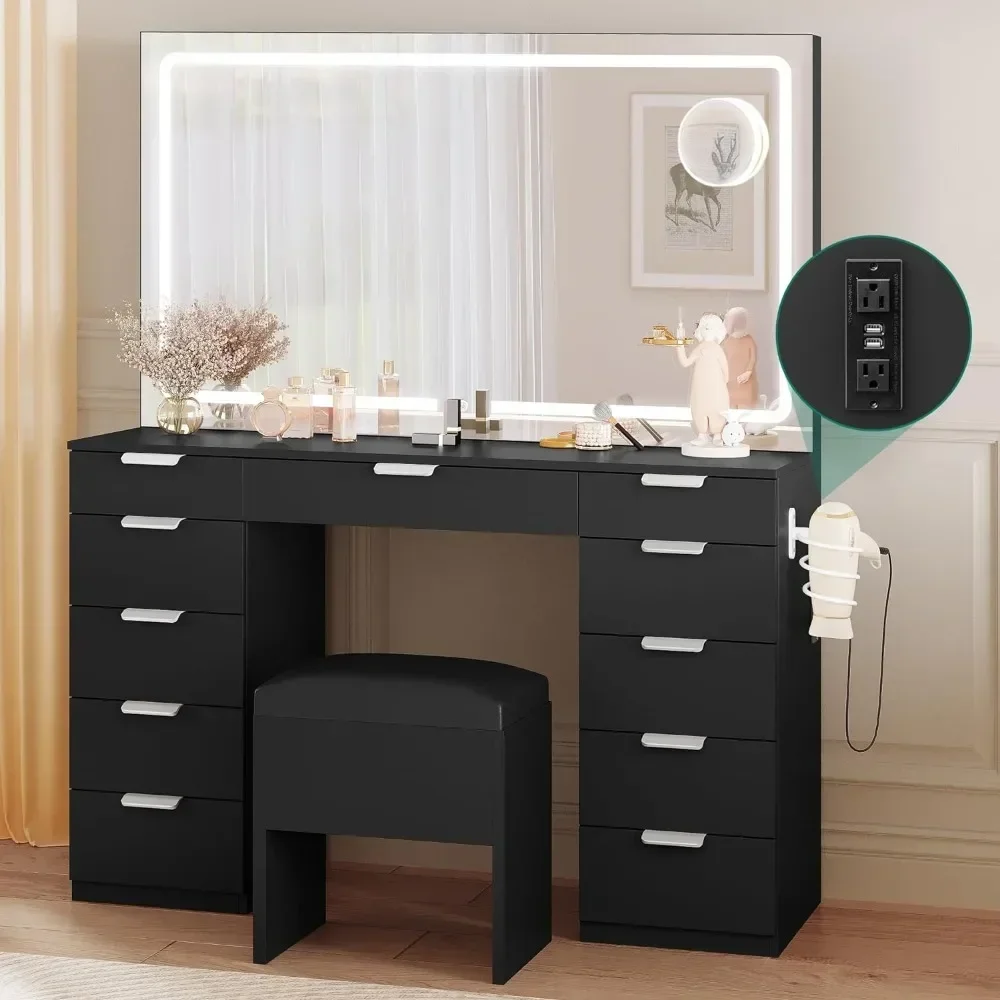 

Makeup Table Set with LED Illuminated Mirror and Power Socket, 11 Drawers and Magnifying Glass, 46 Inch Makeup Table, Black