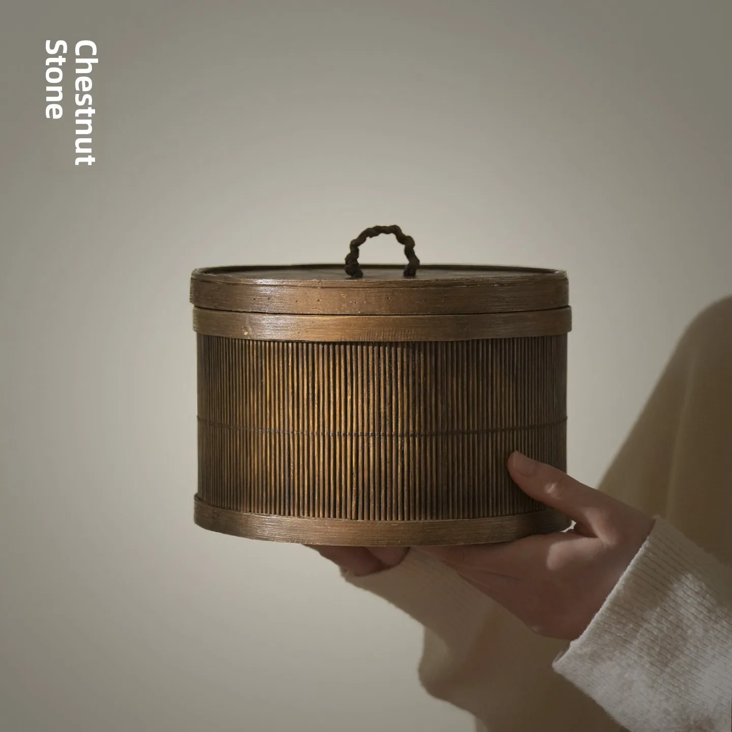 Retro Chinese Style Bamboo Storage Box round Home Decorations Chestnut Stone Desktop Decoration Sealable Wooden Base Gift