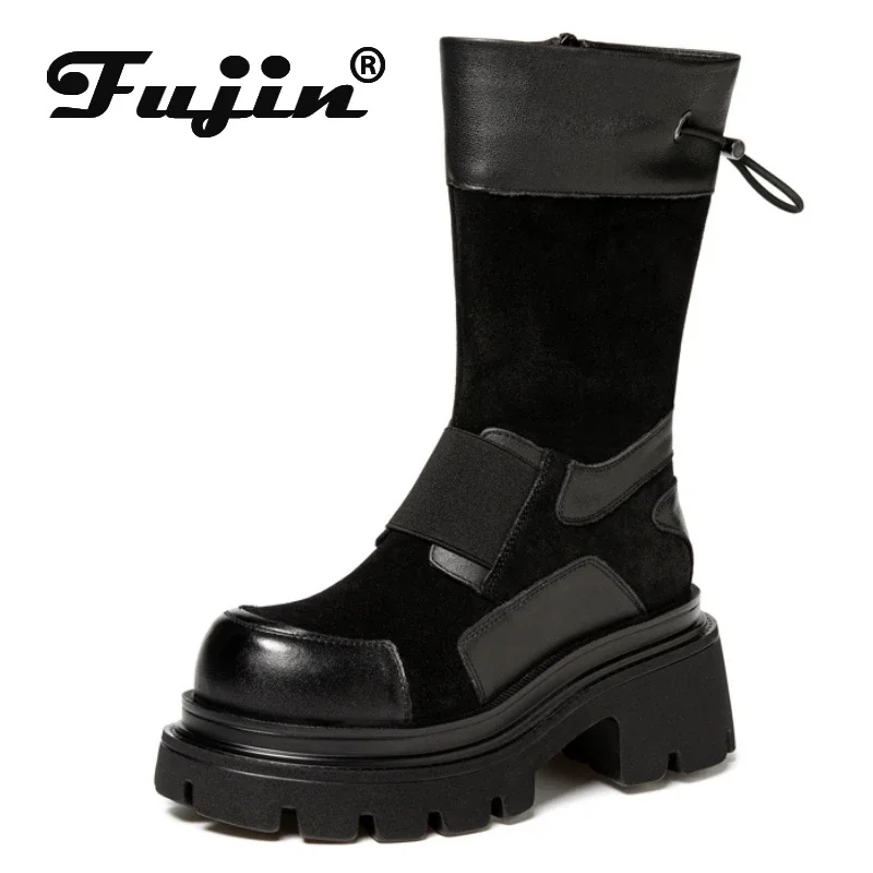 Fujin 8cm Women Boot Spandex ZIP Platform Wedges Stable Stretch Fabric Knee High Booties Spring Autumn Fashion Supportive Shoes