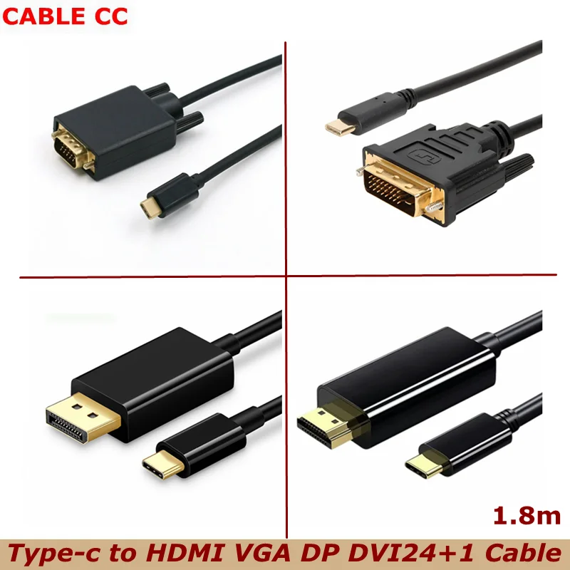 

180cm Type-C to DisplayPort VGA HDMI compatible DVI 24+1 Cable 6.6ft（ 4K@60HZ 2K@165Hz ）USB-C 1080p HD Cable