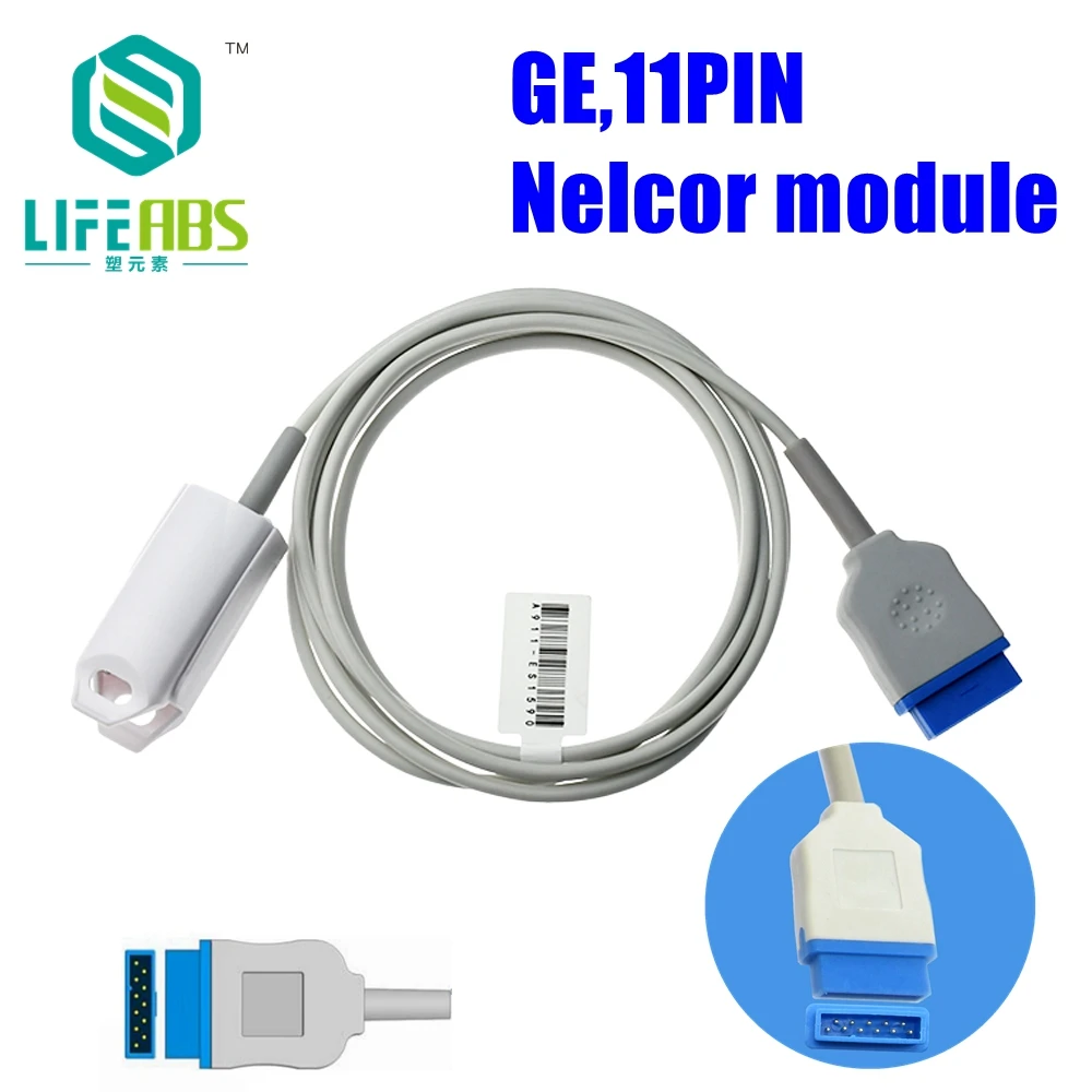 for Ge,11pin，Nelcor Module Patient Monitor Adult Finger Clip Ear Clip Silicone Long Cable Separated Reusable Spo2 Sensor