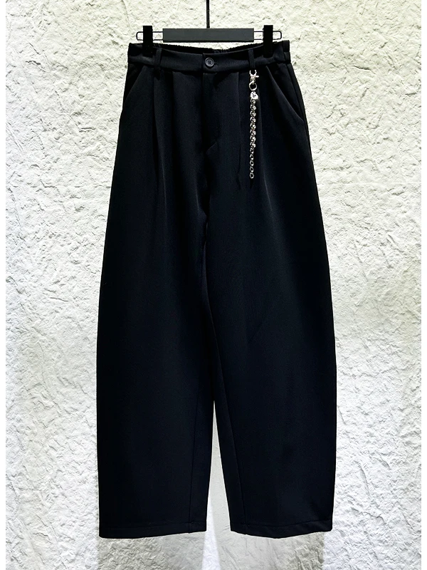 

Casual Straight Leg Men's Pants Chain Decoration American Style Loose Fit Trousers Daily Wear Polyester Fiber Straight Tube