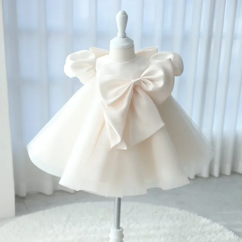 

Baby Party Dress for Girl Bow Birthday Wedding Flower Girl Dress Beading Toddler Kids Baptism Princess Dress 2024 New