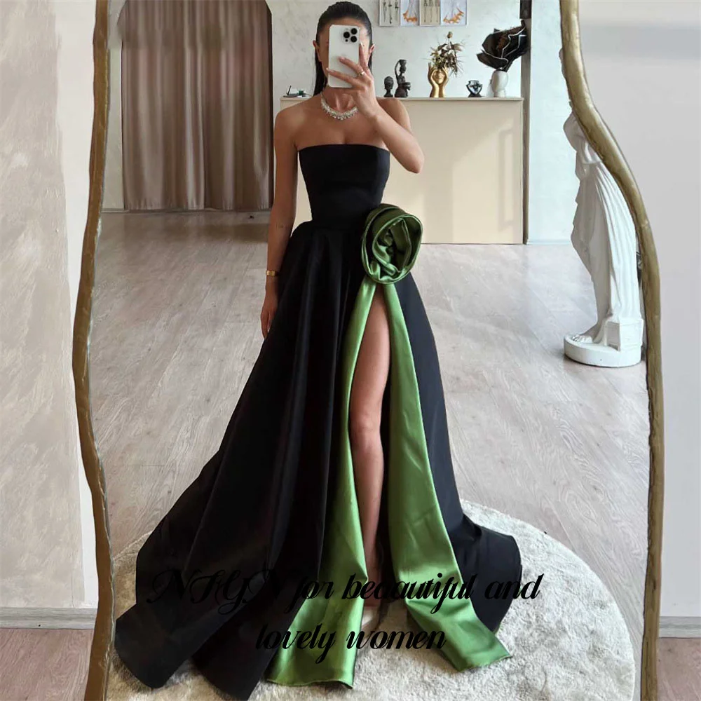 

NFYN Black Evening Dresses Strapless Satin Party Dress with Pleats 3D Flower Satin High Side Slit Prom Dress 프롬 드레스 Customized