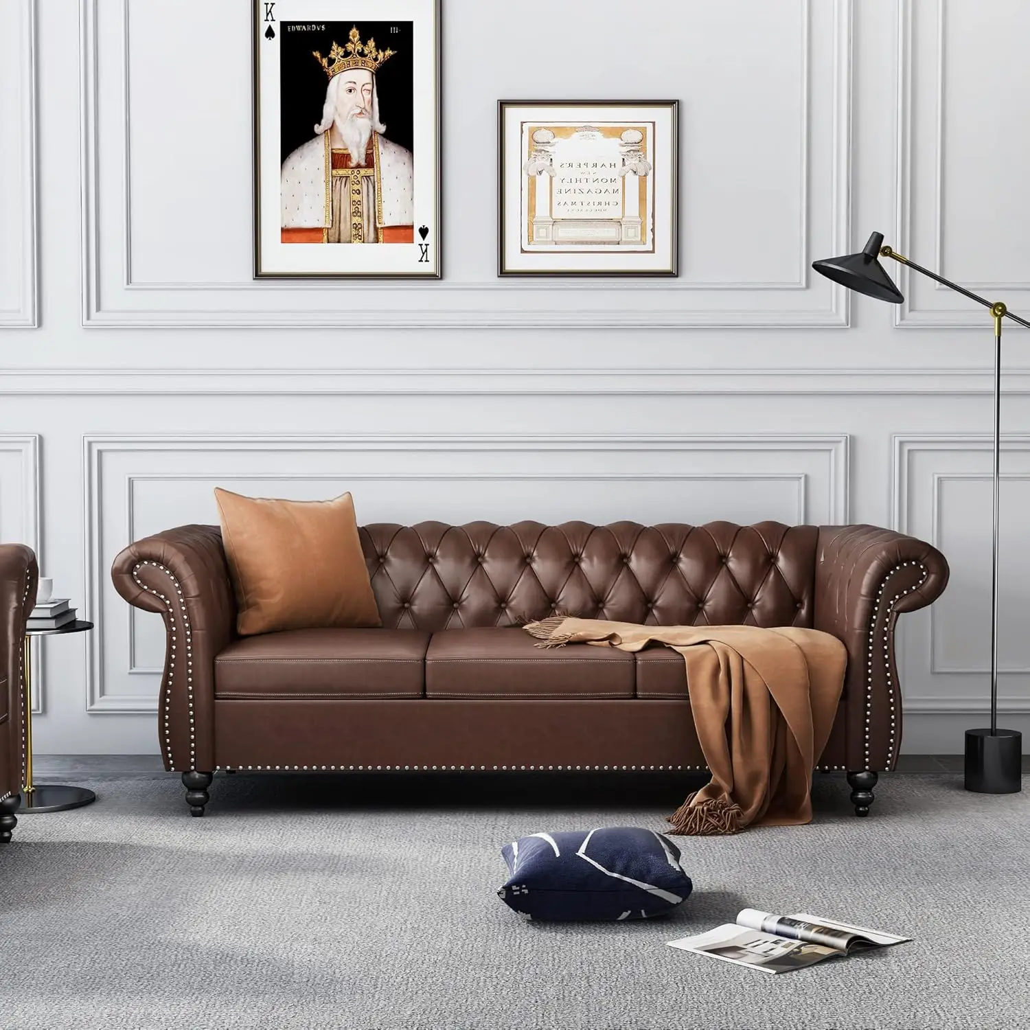 

Leather Sofa for Living Room, Seater Sofa Tufted Couch Faux Leather with Rolled Arms and Nailhead for Living Room