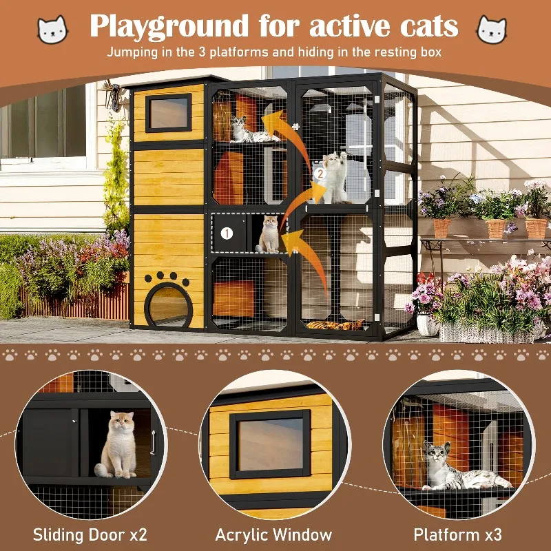 All Weather Resistant Cat Villa Garden Balcony Special Multi Layer Jumping Platform With Warm Cabin Pet Fence