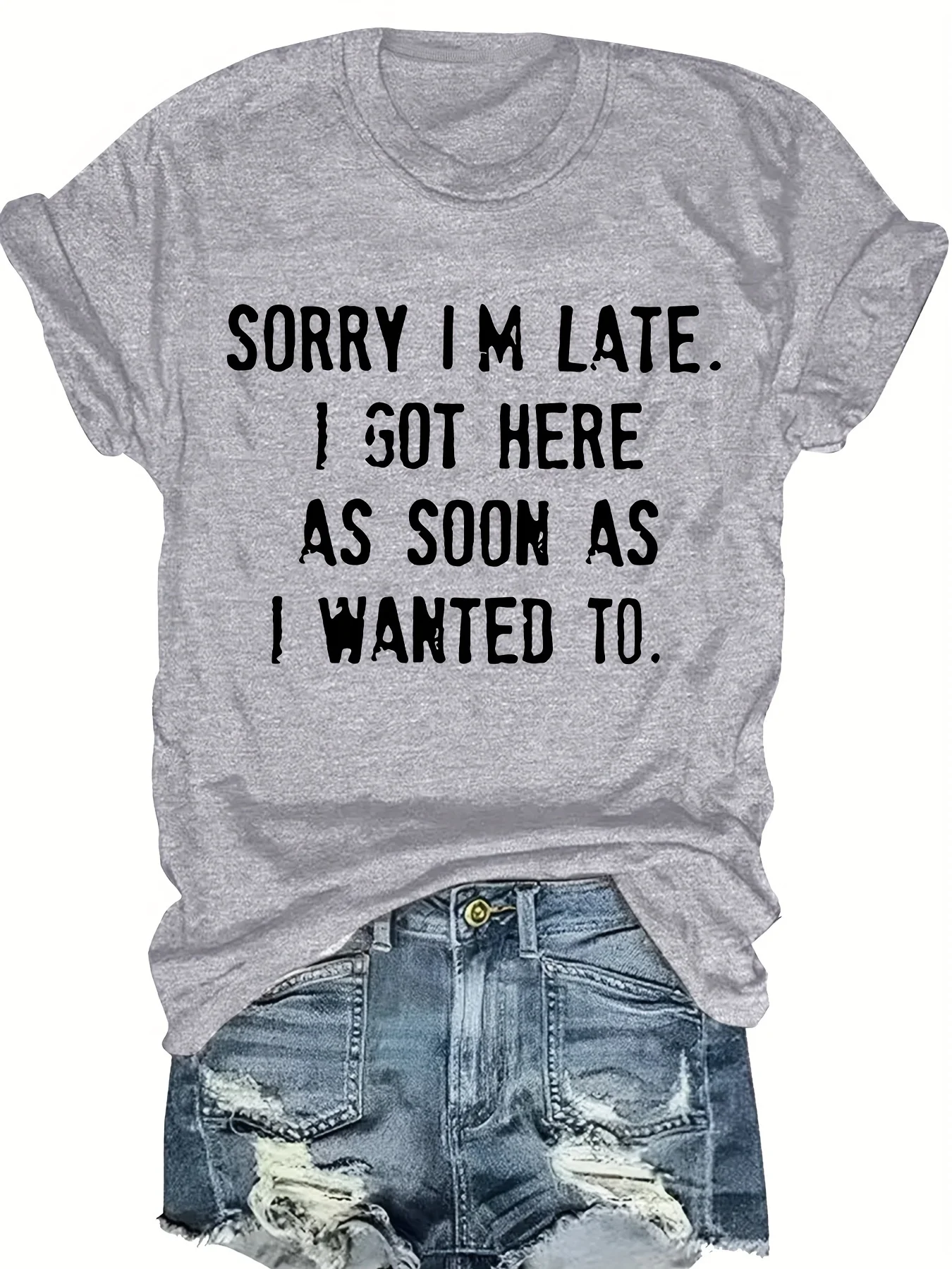 تي شيرت نسائي كاجوال بأكمام طاقم ورقبة دائرية مع "SORRY I'M LATE" مطبوع عليه حروف وردي فاتح جرافيك صيفي بأكمام هاراجوكو ملابس الشارع
