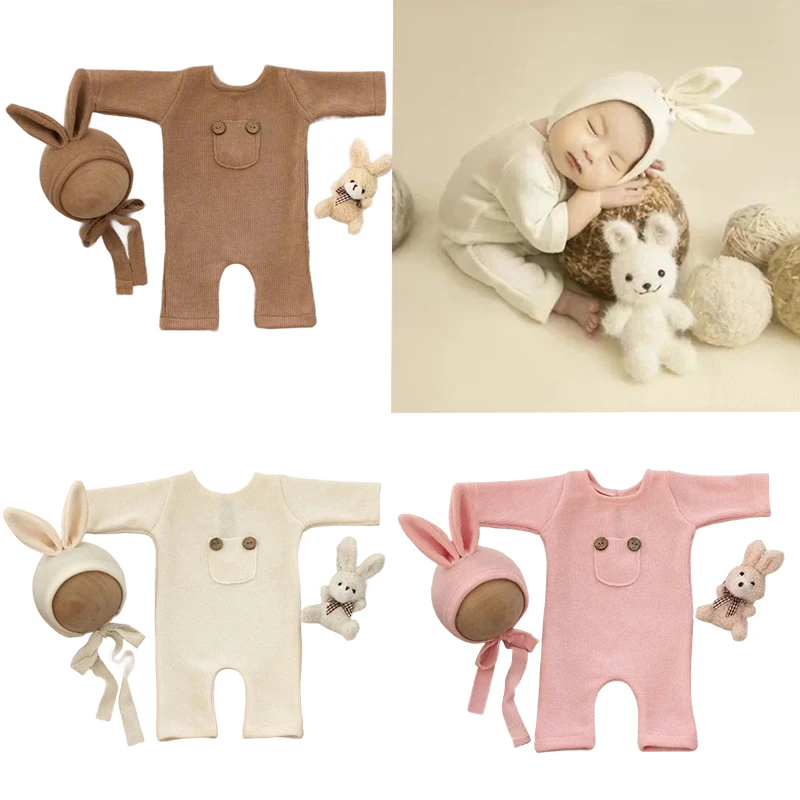 3pcs/sets Newborn Photography Clothing Soft Comfortable Rabbit Hat Costumes and Animal Doll Sets Studio Baby Photoshoot Outfits