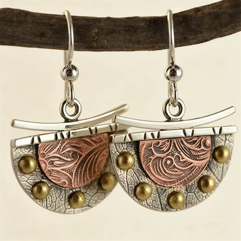 Ethnic Bronze Semicircle Hook Earrings Vintage Metal Two Tone Carving Pattern Handmade Drop Earrings for Women Jewelry