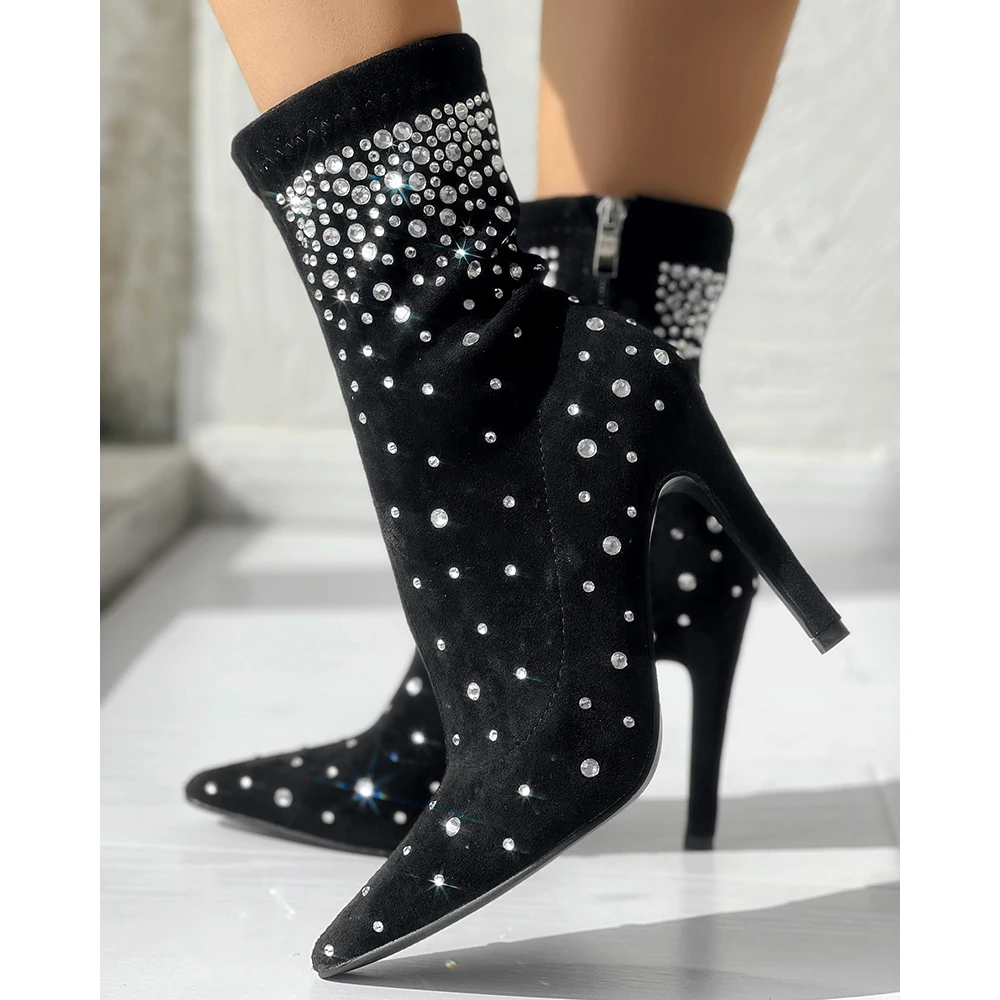 

2024 Autumn Winter Women Rhinestone Decor Pointed Toe Boots Side Slipper High Heel Ankle Boots Korean Going out Fashion Party