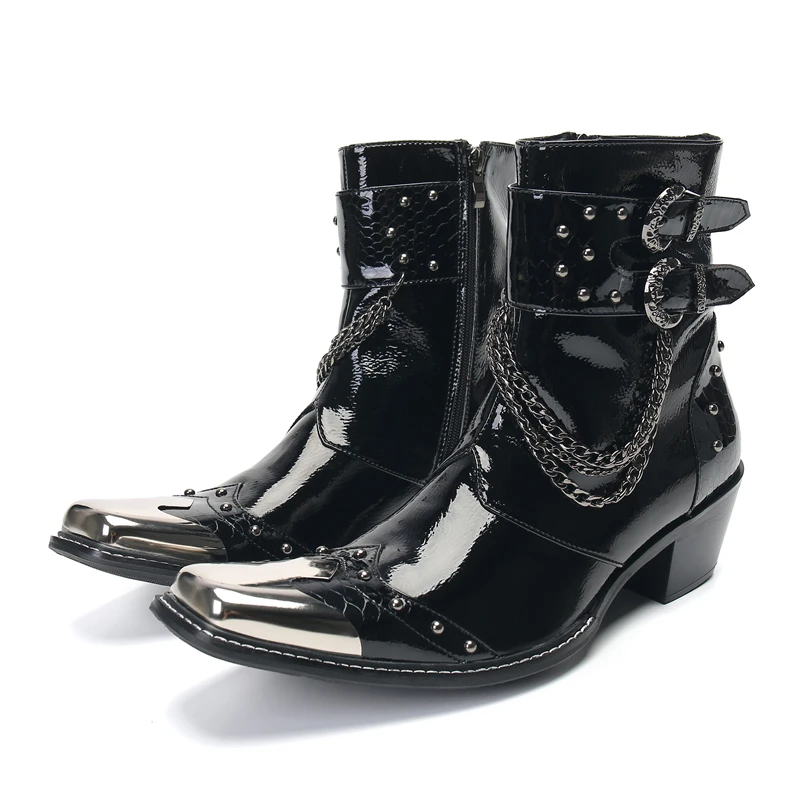 

Autumn Mens High Heel Genuine Leather Buckle Boots Iron Square Toe Chains Cowboy Boots Mens Wedding Party Ankle Boots Chelsea