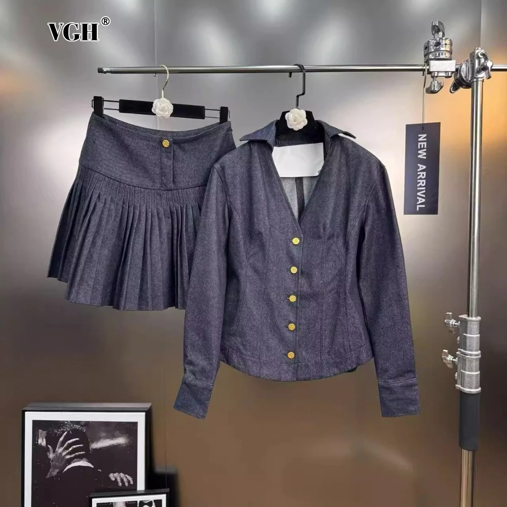 

VGH Two Piece Set for Women Lapel Long Sleeve Patchwork Buttons Slimming Top High Waist Pleated Mini Vintage Skirt Outfit Female