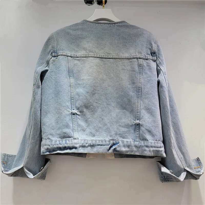 Women O Neck Long Sleeve Luxury Temperament  New Denim Cardigans Spring Elegant Spliced Pearls Short Denim jacket
