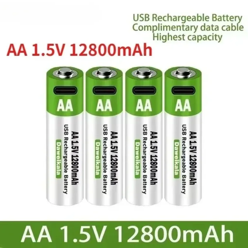 

New 1.5V AA USB Rechargeable Battery 12800 mAh Li-ion Battery for Remote Control Mouse Electric Toy Battery + Type-C Cable