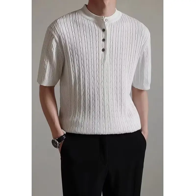 Graues Fried Dough Twists Kurzarm-Strick-POLO-Shirt für Herren im Sommer, amerikanischer Retro-Stil, vielseitiges Fitness-T-Shirt mit schmalem, elastischem Revers