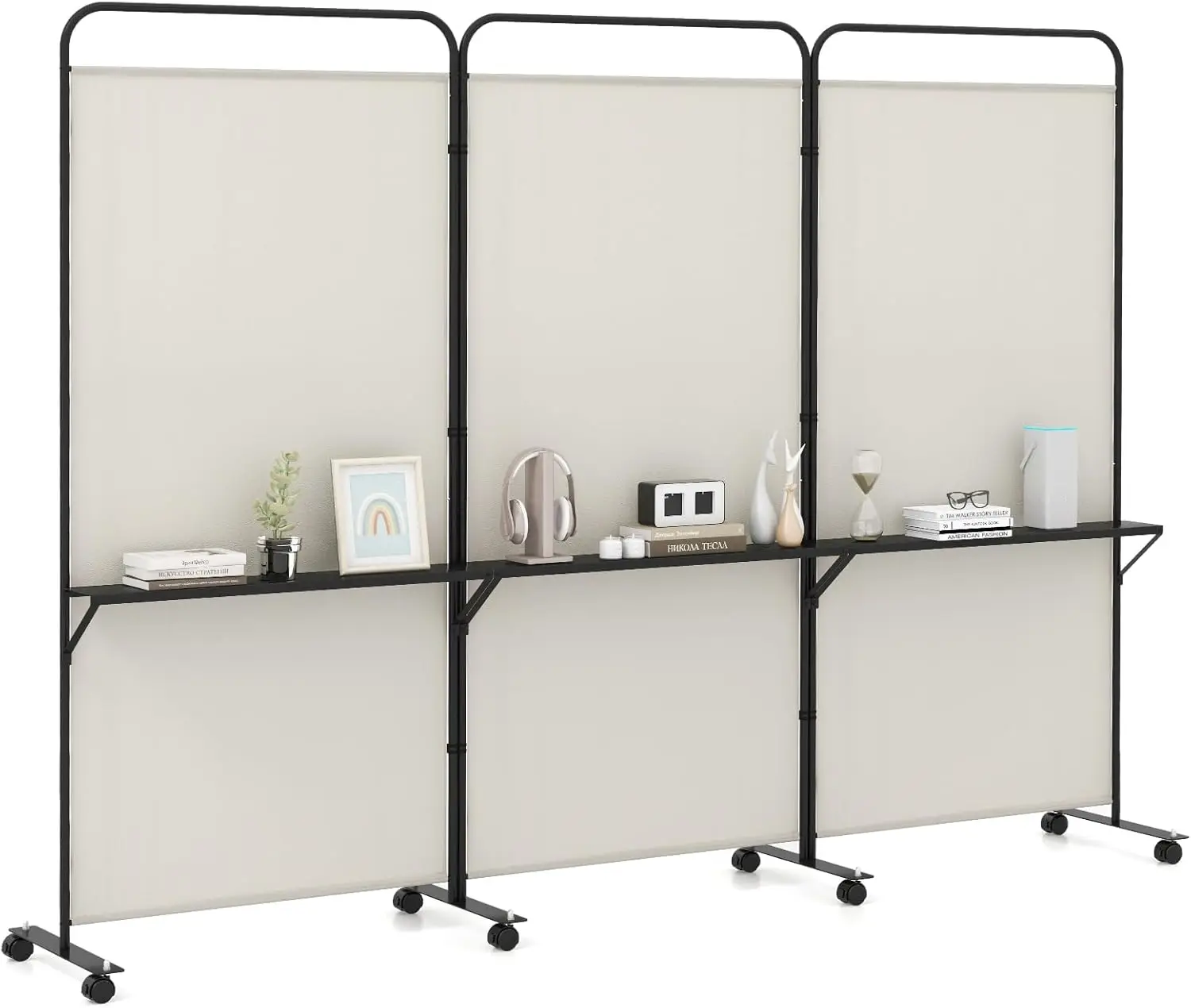 

3 Panel Room Divider with Storage Shelves, 6FT Folding Privacy Screen with Lockable Wheels, Portable Rolling Wall Divide