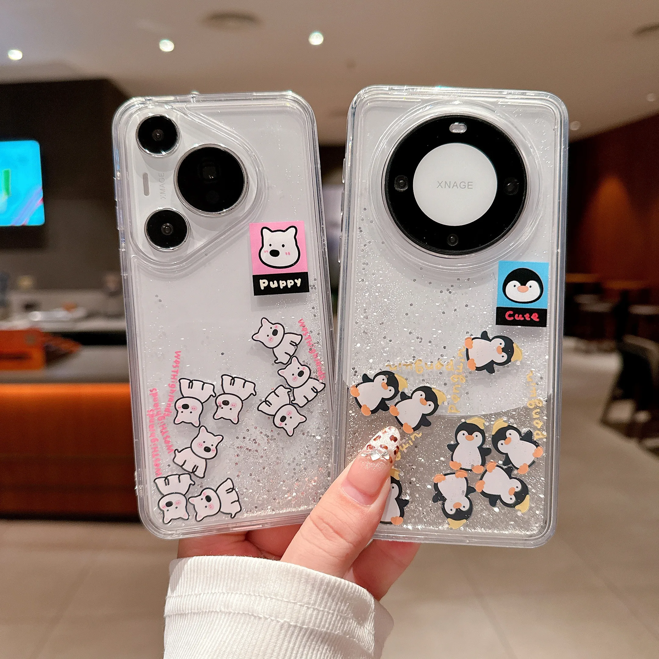 Cartoon Cute Penguin Cartoon dog Bear Quicksand Glitter Phone Case For Huawei P70 60 pro Mate60 50 40pro Lovely Quicksand Cover