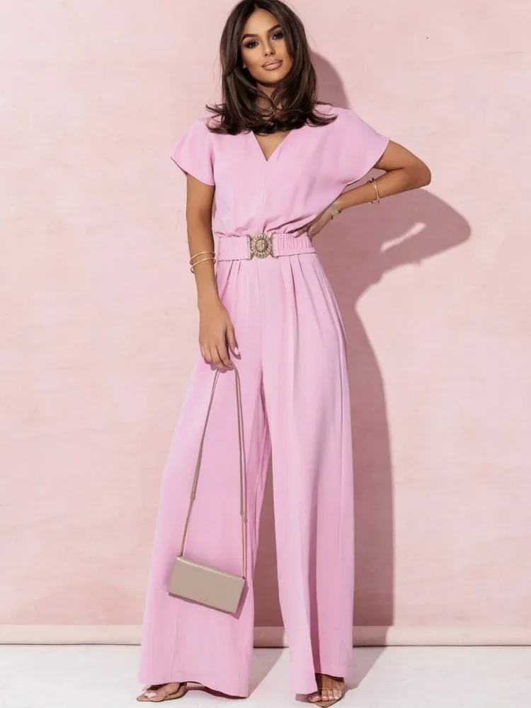 Mode Frauen Solide V-ausschnitt Kurzarm Overalls Sommer Casual Hohe Taille Lose Overall Breite Bein Lange Hosen Strampler Mit Gürtel