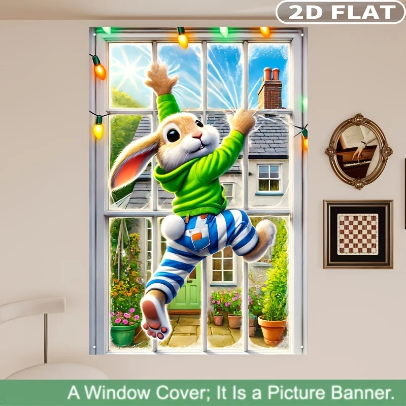 

2D Flat 1pc Easter Bunny Window Banner, Rabbit Window Cling - 80x120cm Durable Polyester Flag, Easy Hang, No Power Needed