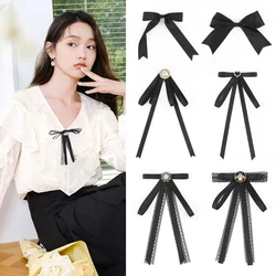 Elegant Black Small Size College Style Bow Brooch with Ribbon and Pearls Safety Pin Simple Chic Tie for JK Shirt and Clothes