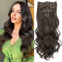 Extensão de cabelo ondulado longo sintético para mulheres, fibra resistente ao calor, peruca marrom, 16 clipes, preto, conjunto de 7 peças