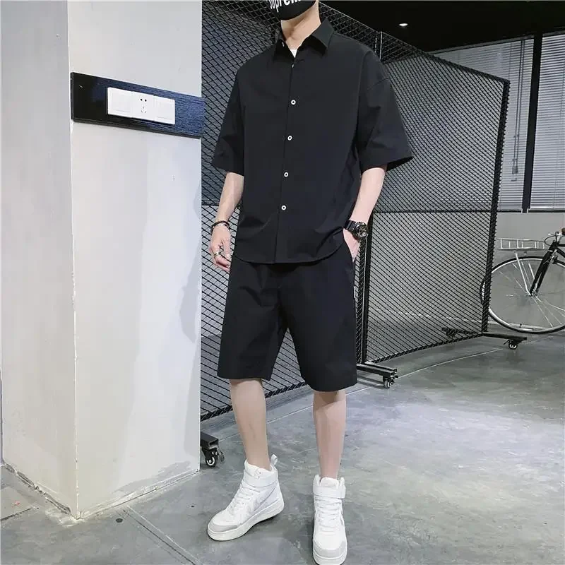 Man Sets Sports Black No Logo Two Piece Set Tee Korean Style 2024 T-shirts Shorts Suits For Men Offer Youthful Emo Two-piece Xl