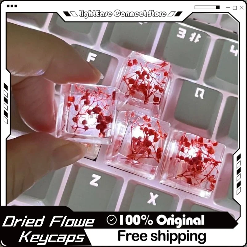 1/4 Pcs Drop Glue Keycap Customized Cartoon Pink Dried Flower Epoxy Resin Transparent Cross Axis Mechanical Keyboard Keycap