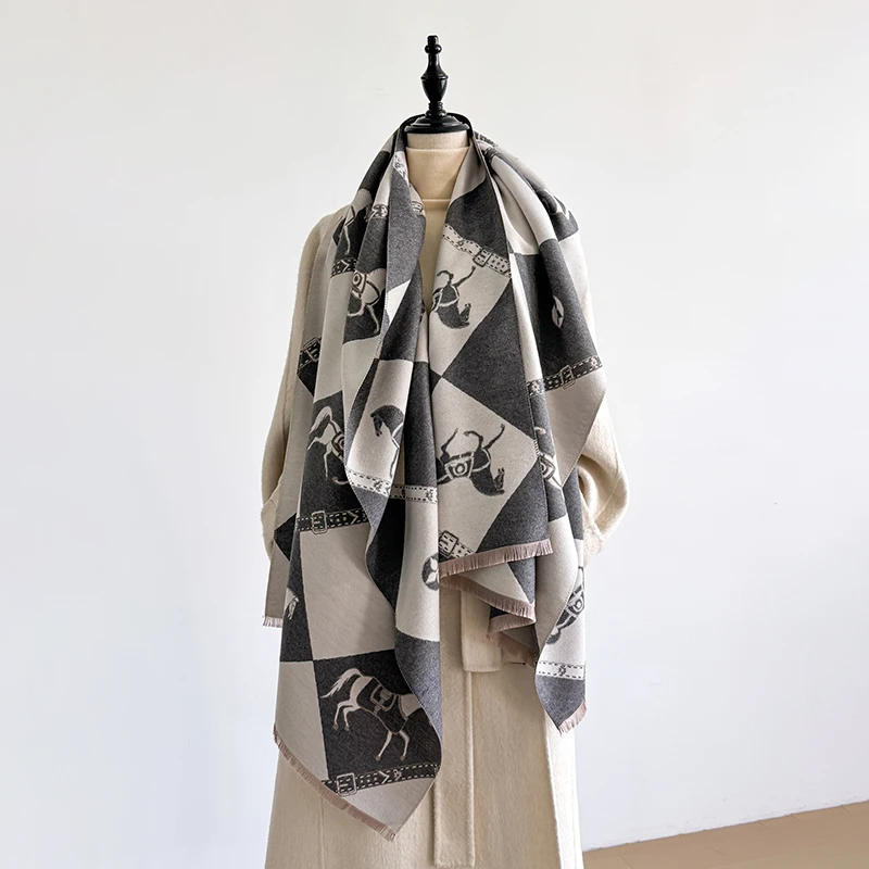 

Women's Winter Luxury Thick Warm Pashmina Wrap Imitation Cashmere Scarf with Geometric Jacquard Design for Casual Wear
