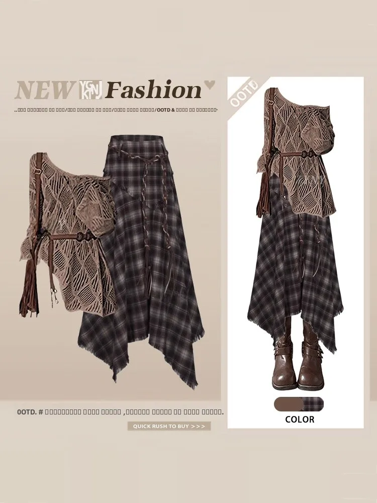 

Unique Beautiful Light Maturi Sle Women's Spring Vintage oulder Covering irt Plaid Asymmetrical Skirt Set