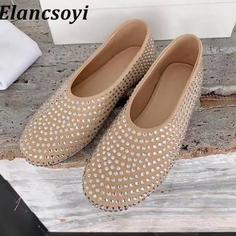 

Round Toe Shiny Crystal Decoration Mary Jane Shoes Women Shallow Mouth Solid Color Flat Shoes Spring Soft Soled Ballet Shoes