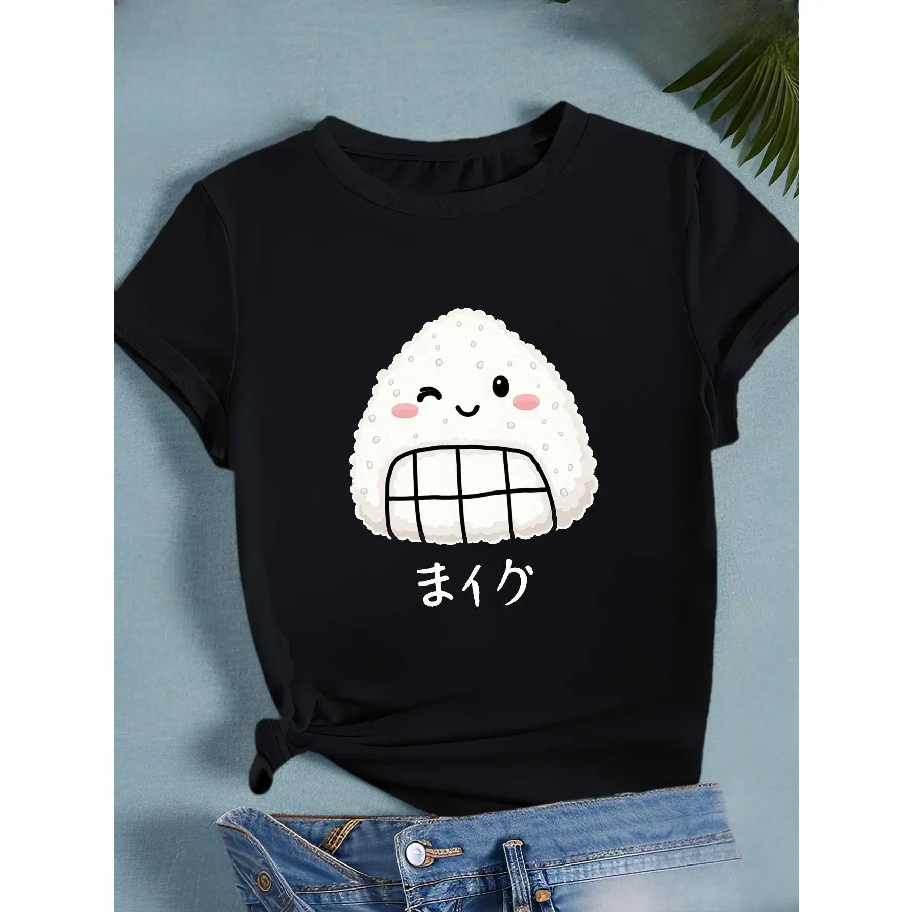 

Kawaii Rice Ball Onigiri Graphic T-shirt, Cute Japanese Food Print Tee, Women's Casual Crewneck Short Sleeve Streetwear Top
