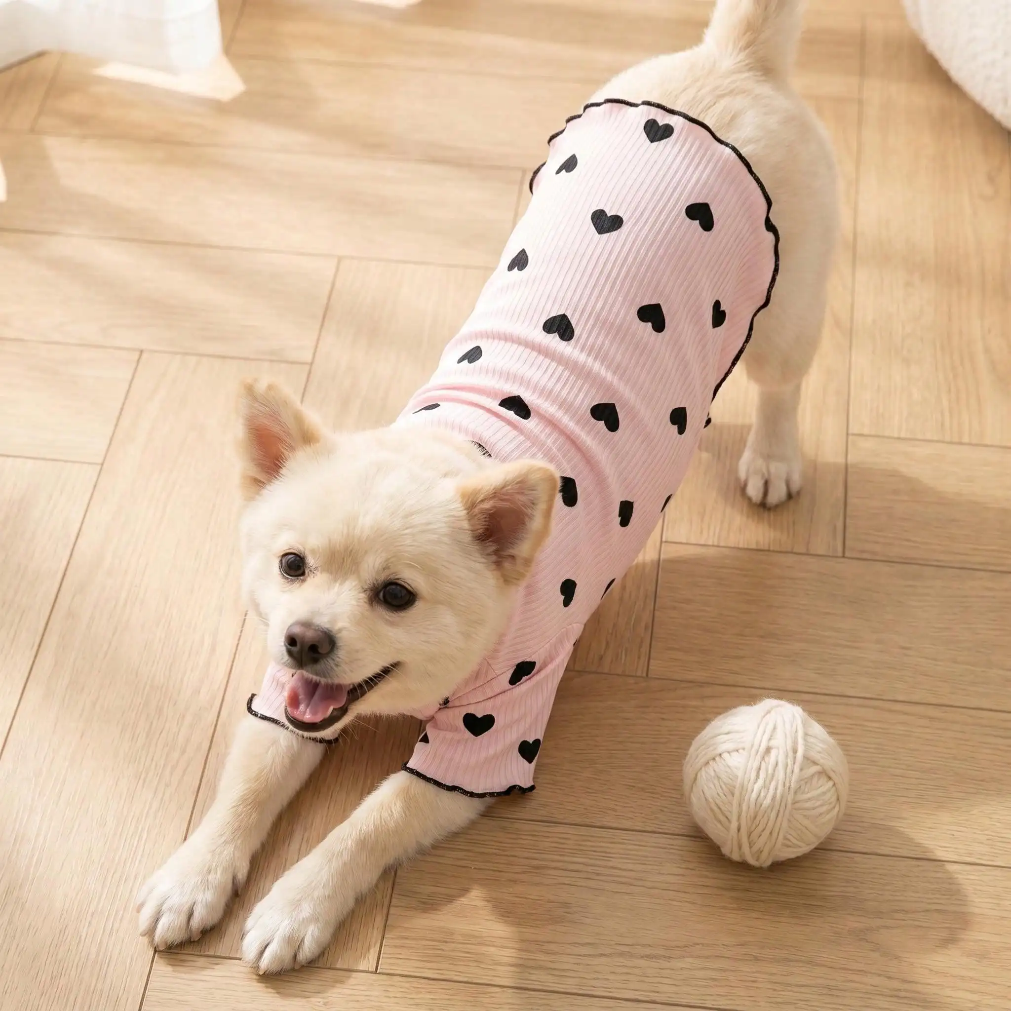 Geripptes Haustier-T-Shirt mit Herz- und Schleifendruck und Rüschenbesatz für kleine Hunde und Katzen – Detail 34