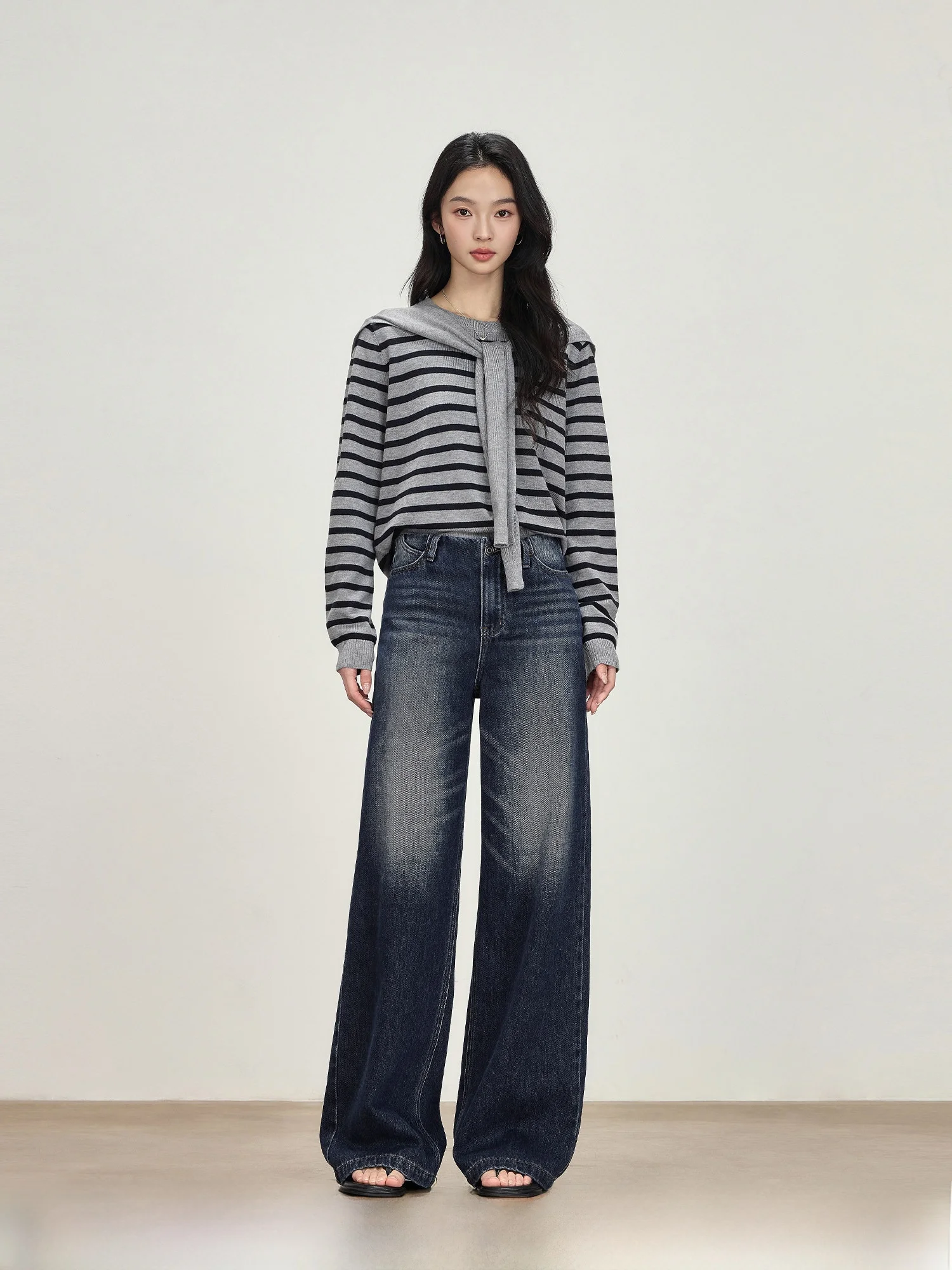 

Джинсы с высокой талией свободного кроя, темно-синие, женские, широкие штанины, повседневные, из смесового хлопка, износостойкие, весна