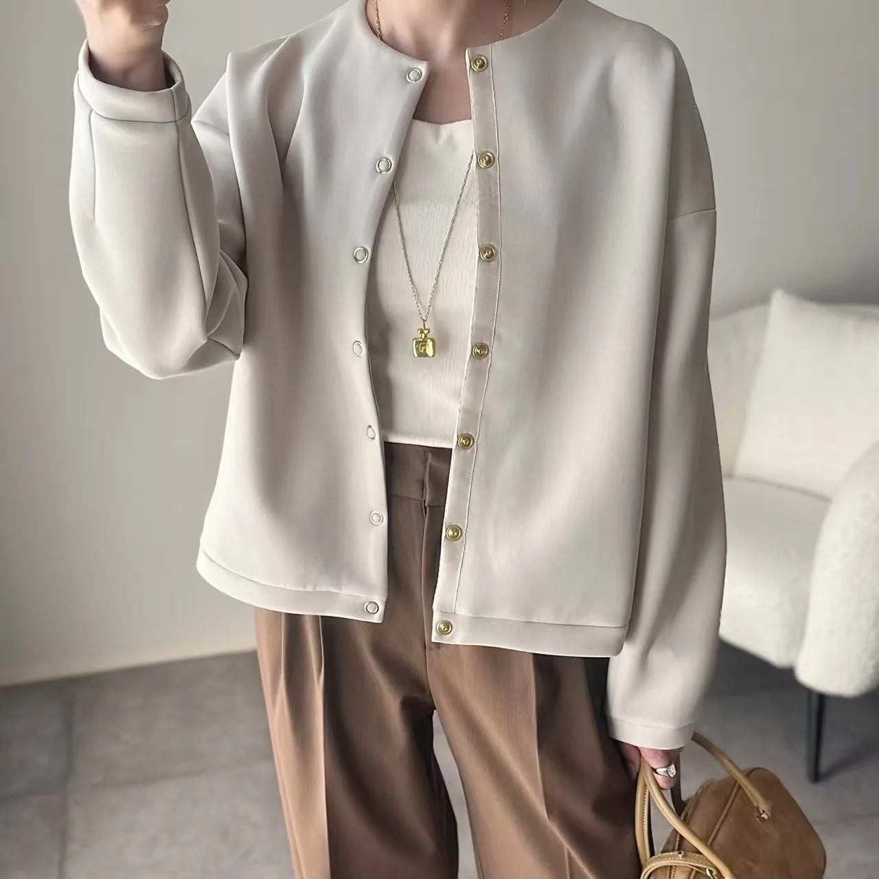 Felpa con cardigan aperto rotondo Ne da donna allentata Or Capispalla Primavera Autunno Nuovo Sle Versatile Top adatto ai pendolari