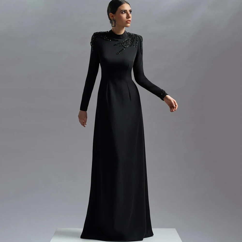 

Beading Black High Neck Evening Dress Long Sleeves A-Line Floor Length Women Jersey Customized Party Banquet Guest Gowns