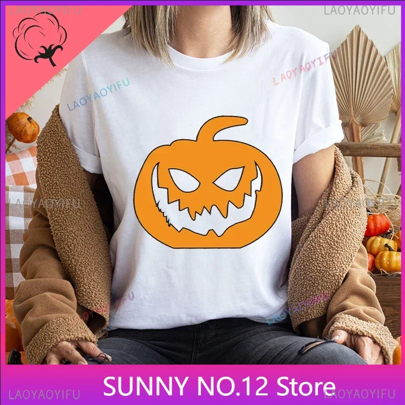 Funny Halloween Pumpkin Graphic 100&Cotton T Shirt Women Summer Casual Female Print for Lady Short Sleeve Y2k Top Harajuku