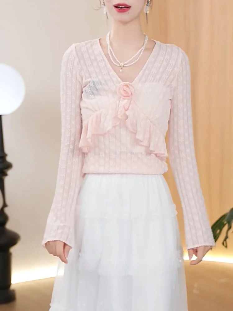 

Корейский милый розовый трикотаж с 3D-цветами, осенняя новинка, универсальный топ больших размеров для подростков и женщин среднего возраста, омолаживающий эффект