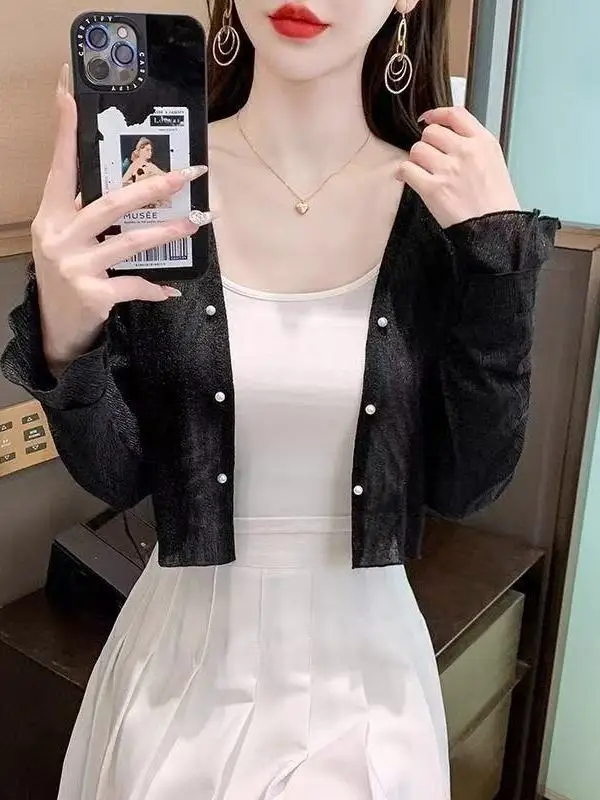 

Black Chiffon Open Cardigan Women's Thin Shawl with Strap Dress Summer Long Sleeve Sun Protection Veil Thin Film Outerwear