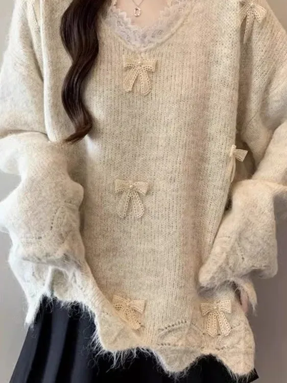 Maglione ampio con nodo in pizzo viola V-Ne da donna Autunno Inverno taglie forti Comodo top lavorato a maglia Faionable Casual