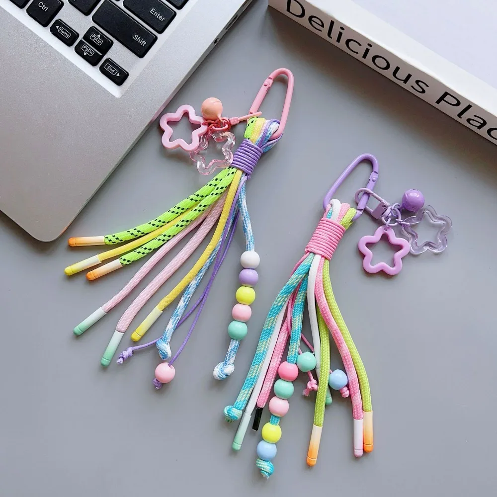 

Y2K Braided Rope Keychain Colorful Handmade Long Tassel Bag Charms Creative Acrylic Striped Webbing Keychain Bag Accessories